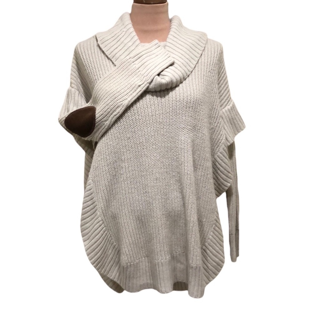 Anthropologie RD Styles Poncho Cowl Neck Sweater Size Large Beige Elbow Patch